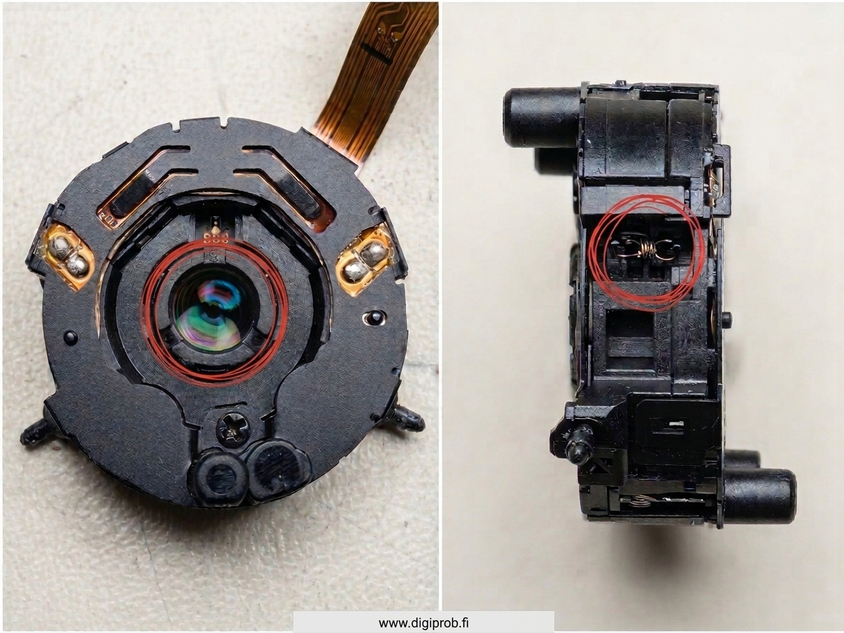 Canon IXUS 80 IS -objektiivin sulkija ja optisen kuvanvakaimen jousimekanismi